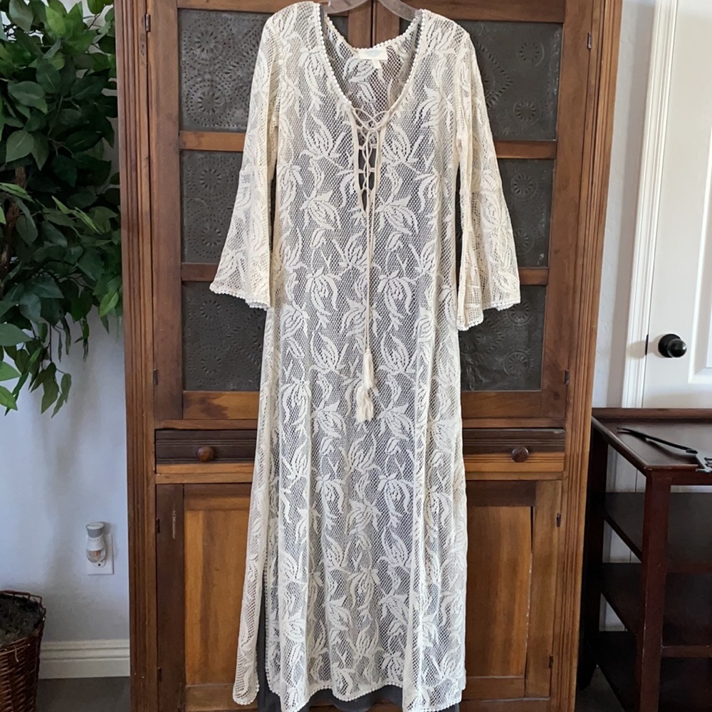 Bohemian Ivory Lace Overlay/ Gray Maxi Dress Sz Medium
